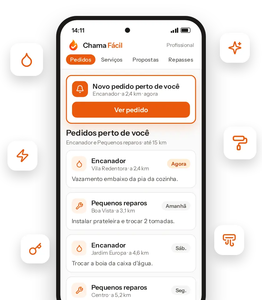 Profissional recebendo um pedido no app da Chama Fácil, cercado pelas ferramentas dos serviços mais pedidos.