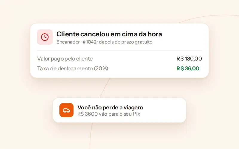 Aviso de cancelamento fora do prazo, mostrando a parte do valor pago que fica com o profissional pelo deslocamento.