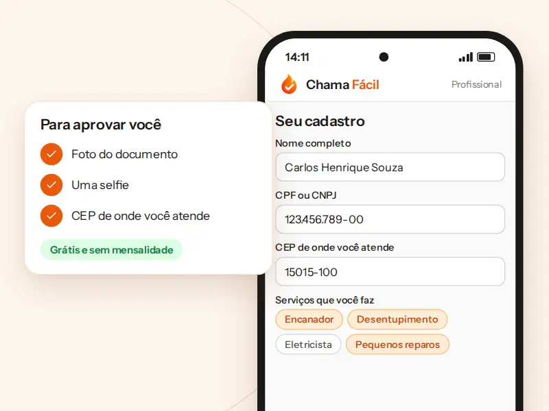 Cadastro do profissional no app: nome, CPF, CEP de atuação e a lista de serviços que ele faz.
