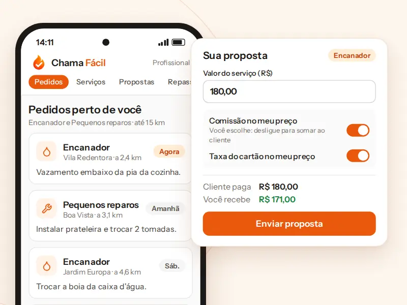 Lista de pedidos perto do profissional, com distância e categoria, e a tela de enviar proposta com preço e horário.