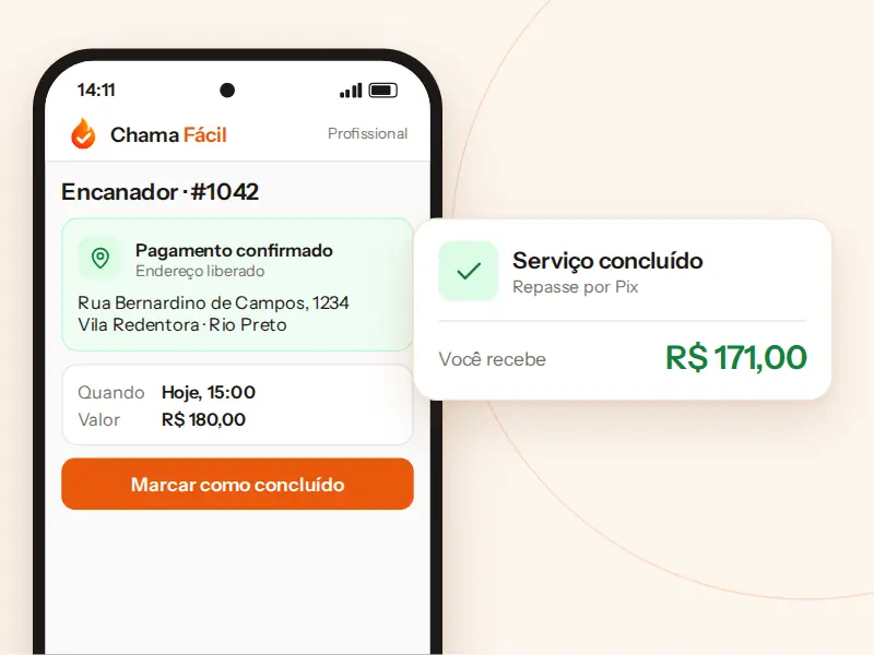 Endereço liberado após o pagamento do cliente e, ao lado, o serviço marcado como concluído com o valor recebido por Pix.