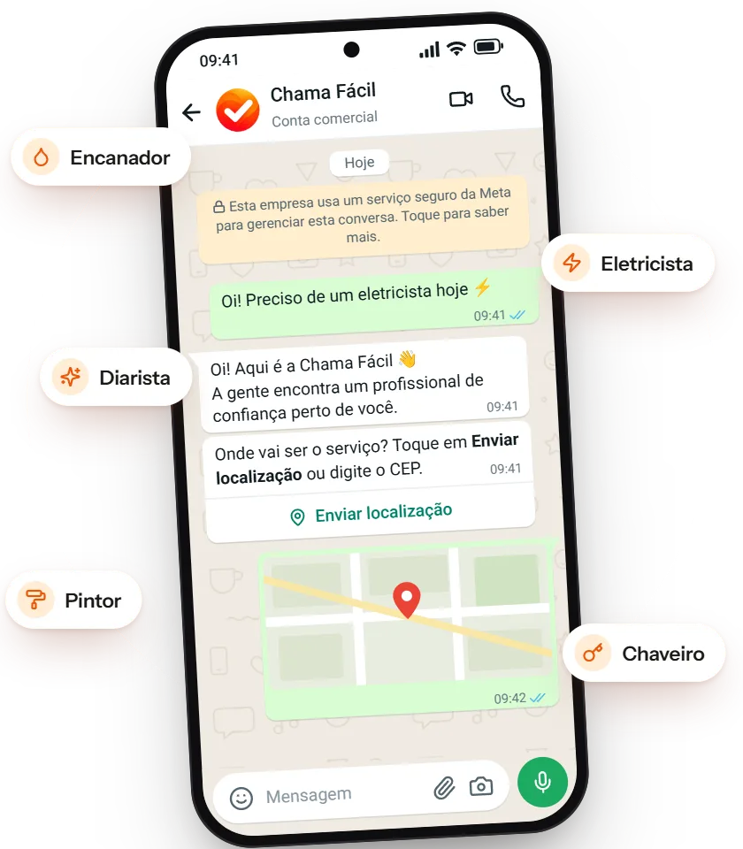 Início de uma conversa com a Chama Fácil no WhatsApp, cercada pelos serviços mais pedidos.