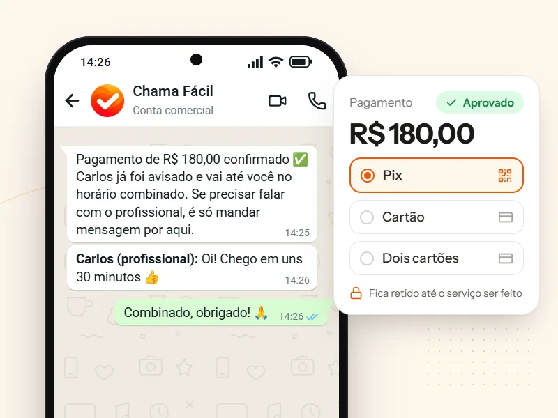 Confirmação do pagamento via Pix no WhatsApp e mensagem do profissional avisando que chega em 30 minutos.